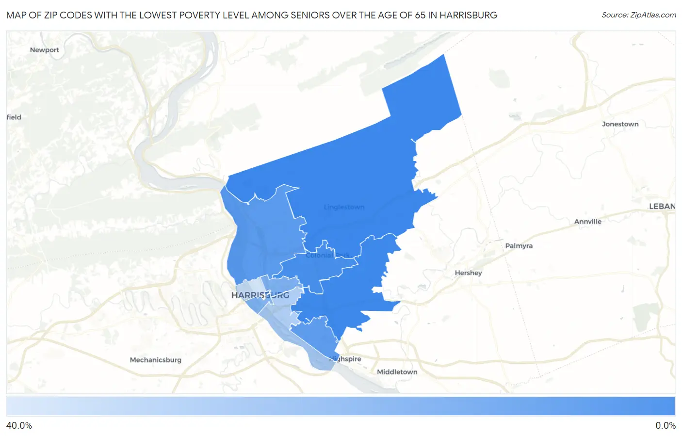 Zip Codes with the Lowest Poverty Level Among Seniors Over the Age of 65 in Harrisburg Map