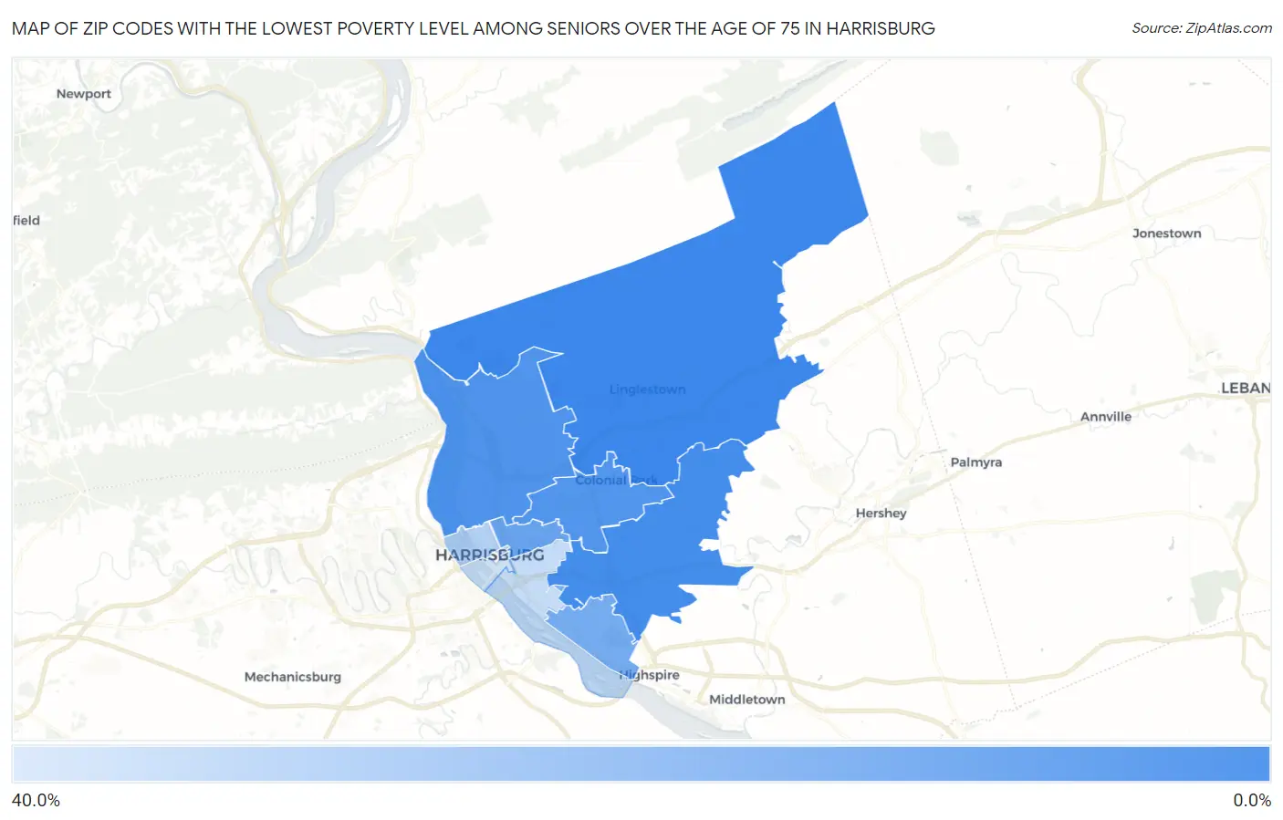 Zip Codes with the Lowest Poverty Level Among Seniors Over the Age of 75 in Harrisburg Map