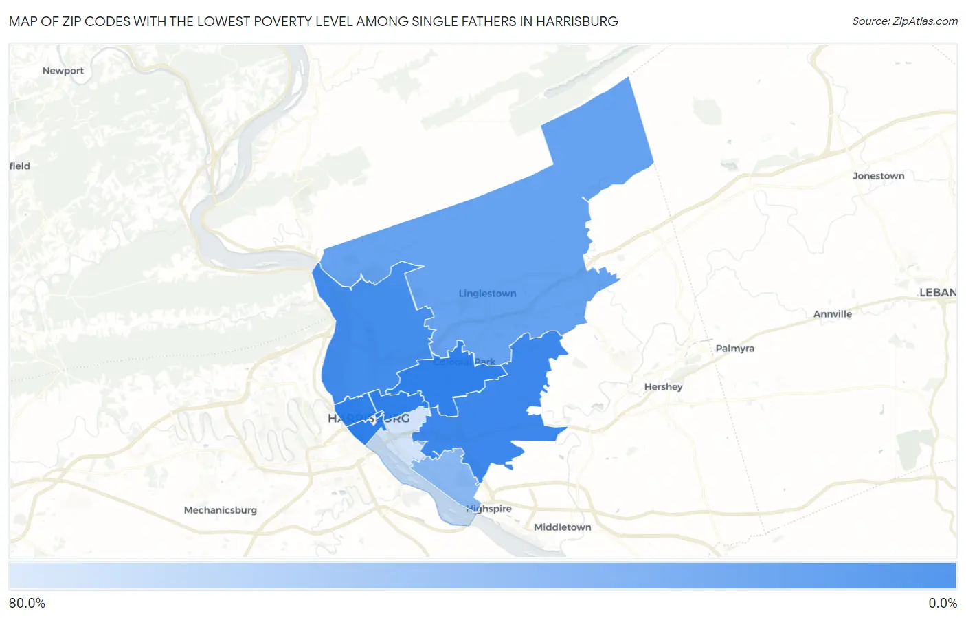 Zip Codes with the Lowest Poverty Level Among Single Fathers in Harrisburg Map