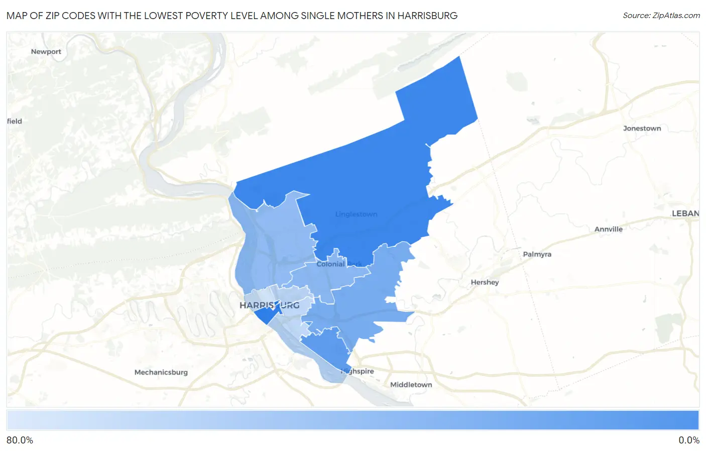 Zip Codes with the Lowest Poverty Level Among Single Mothers in Harrisburg Map