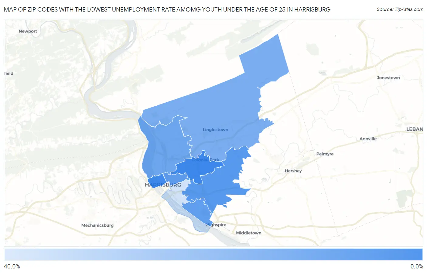 Zip Codes with the Lowest Unemployment Rate Amomg Youth Under the Age of 25 in Harrisburg Map