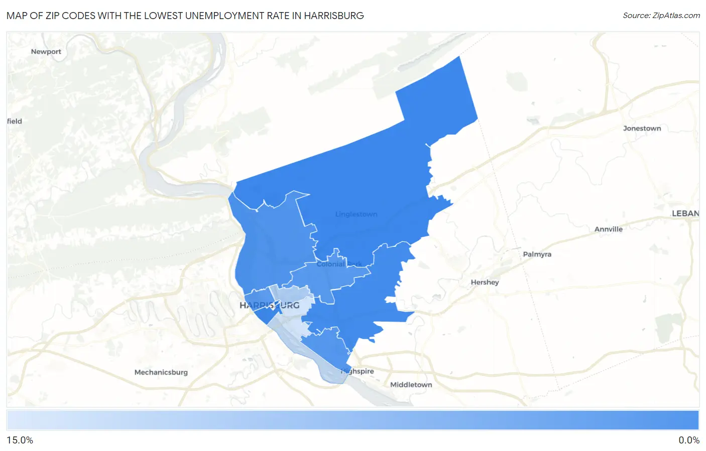 Zip Codes with the Lowest Unemployment Rate in Harrisburg Map