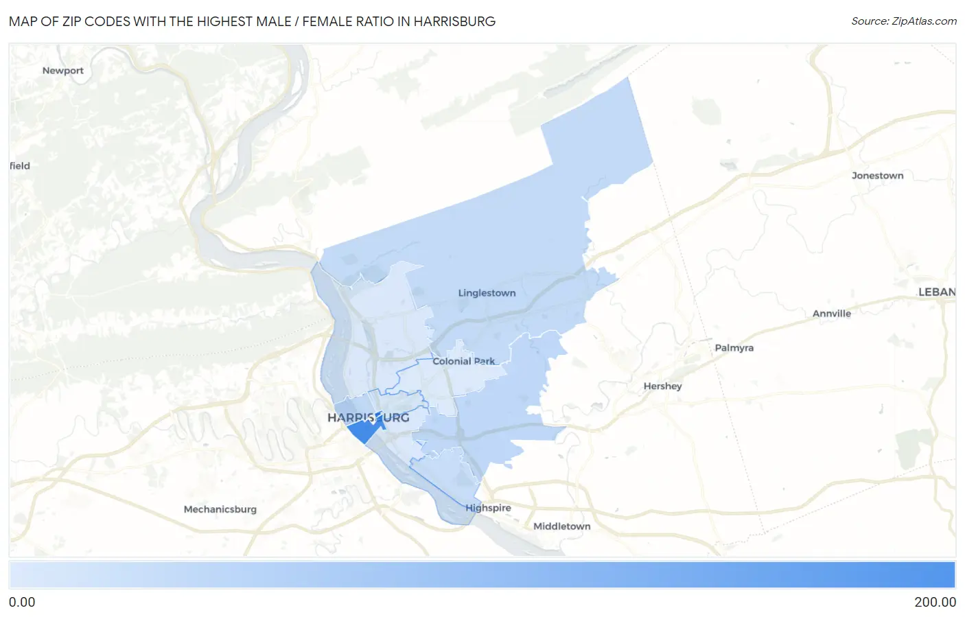 Zip Codes with the Highest Male / Female Ratio in Harrisburg Map