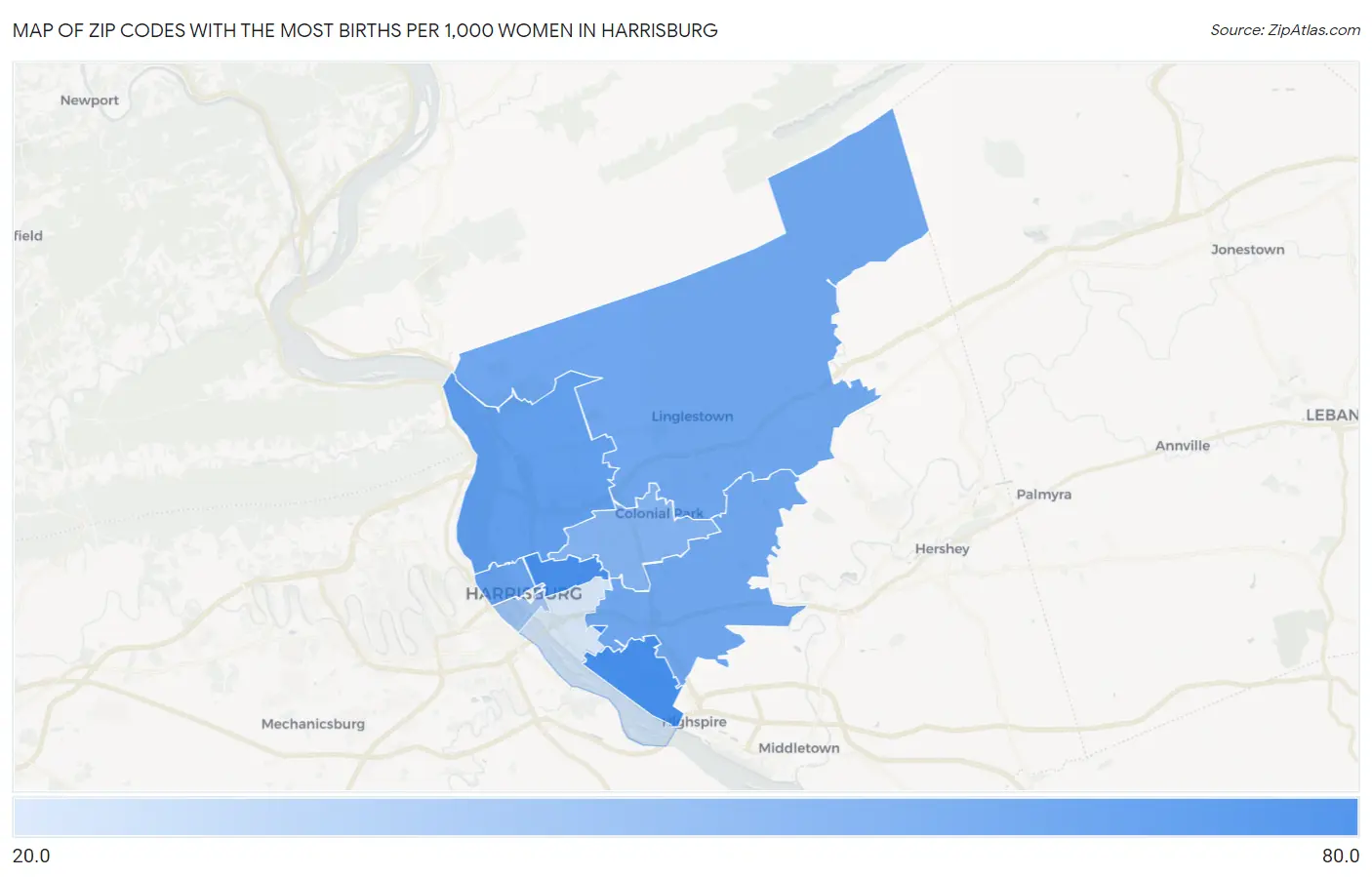 Zip Codes with the Most Births per 1,000 Women in Harrisburg Map