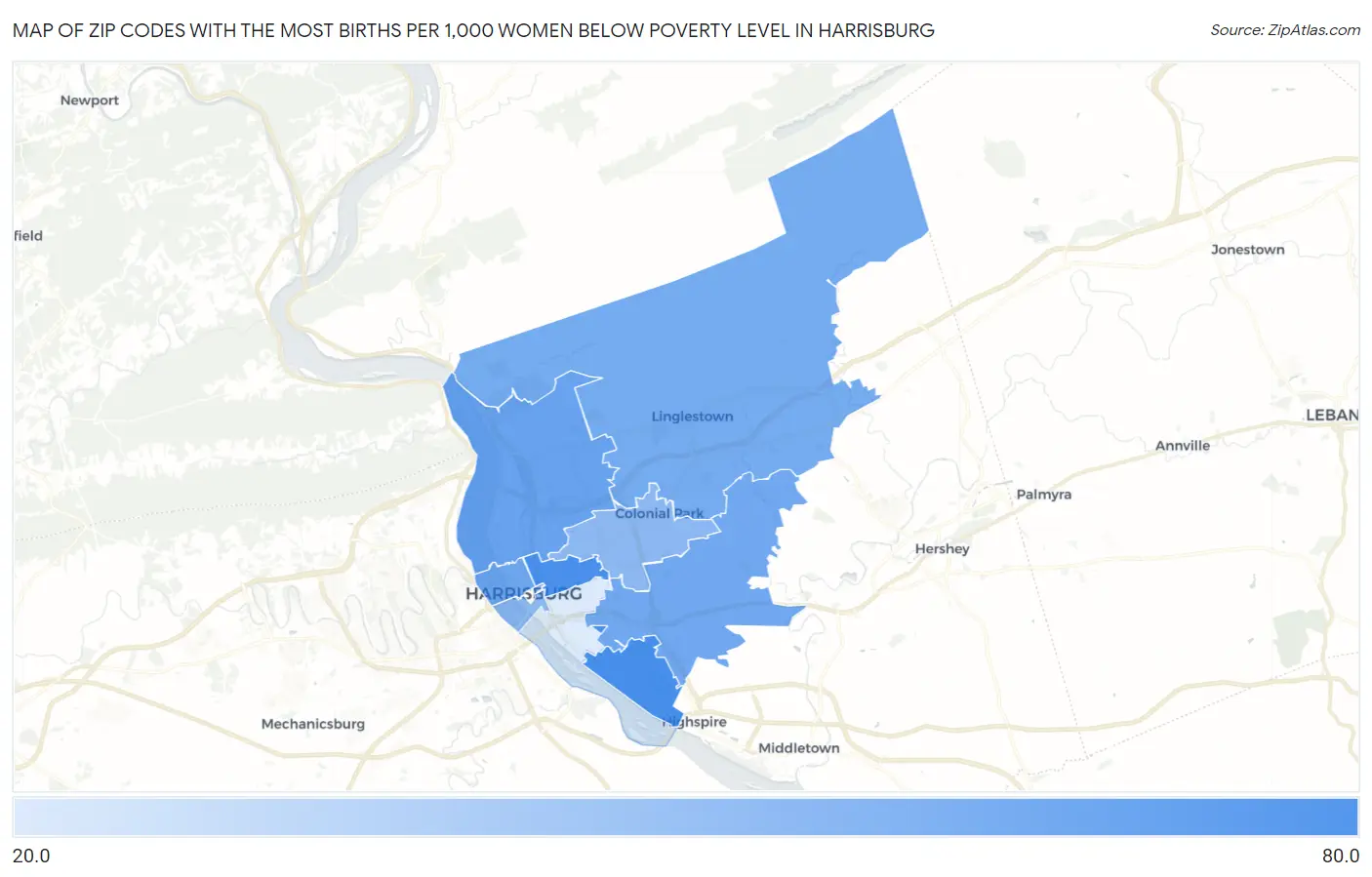 Zip Codes with the Most Births per 1,000 Women Below Poverty Level in Harrisburg Map