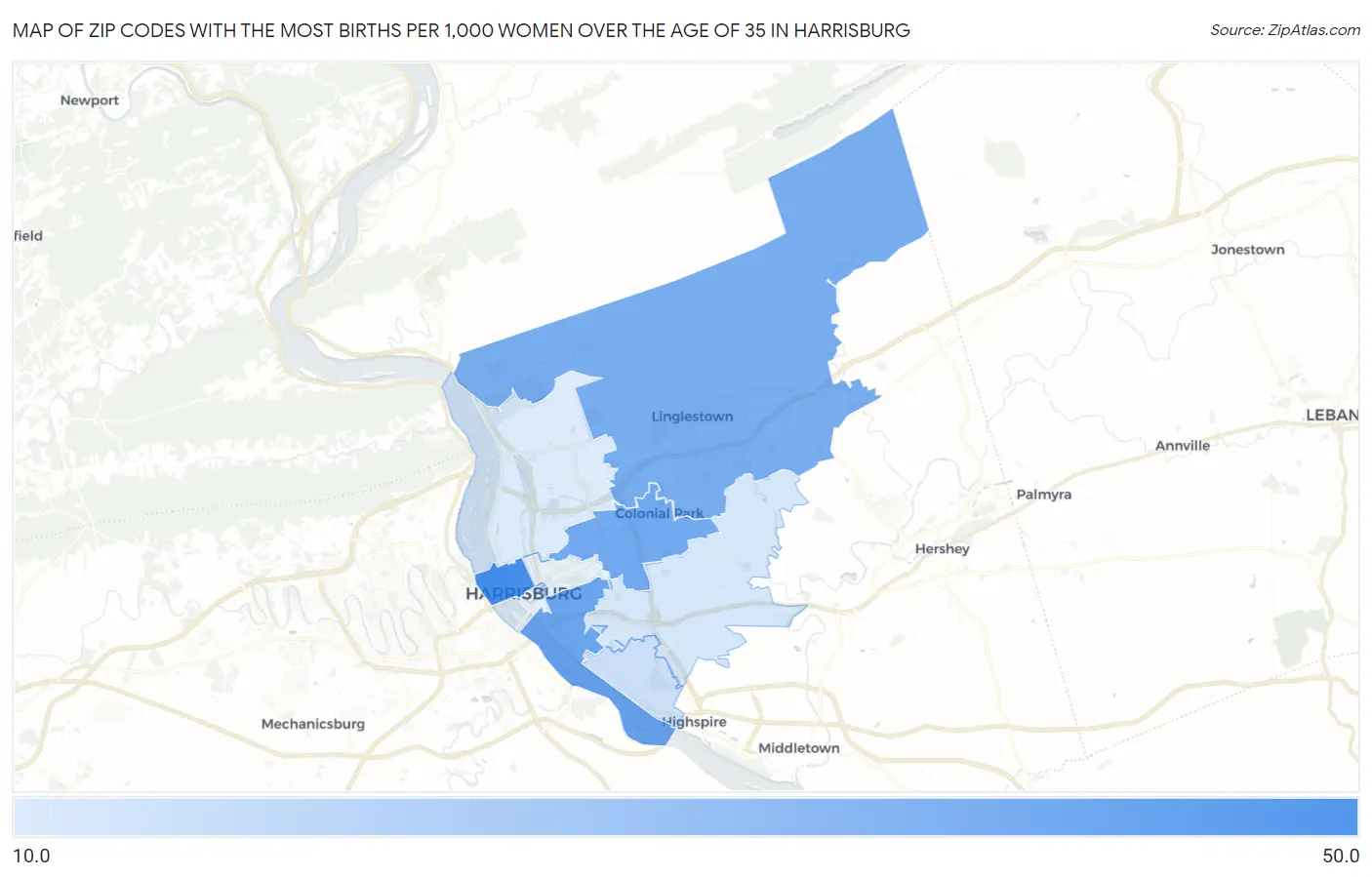 Zip Codes with the Most Births per 1,000 Women Over the Age of 35 in Harrisburg Map