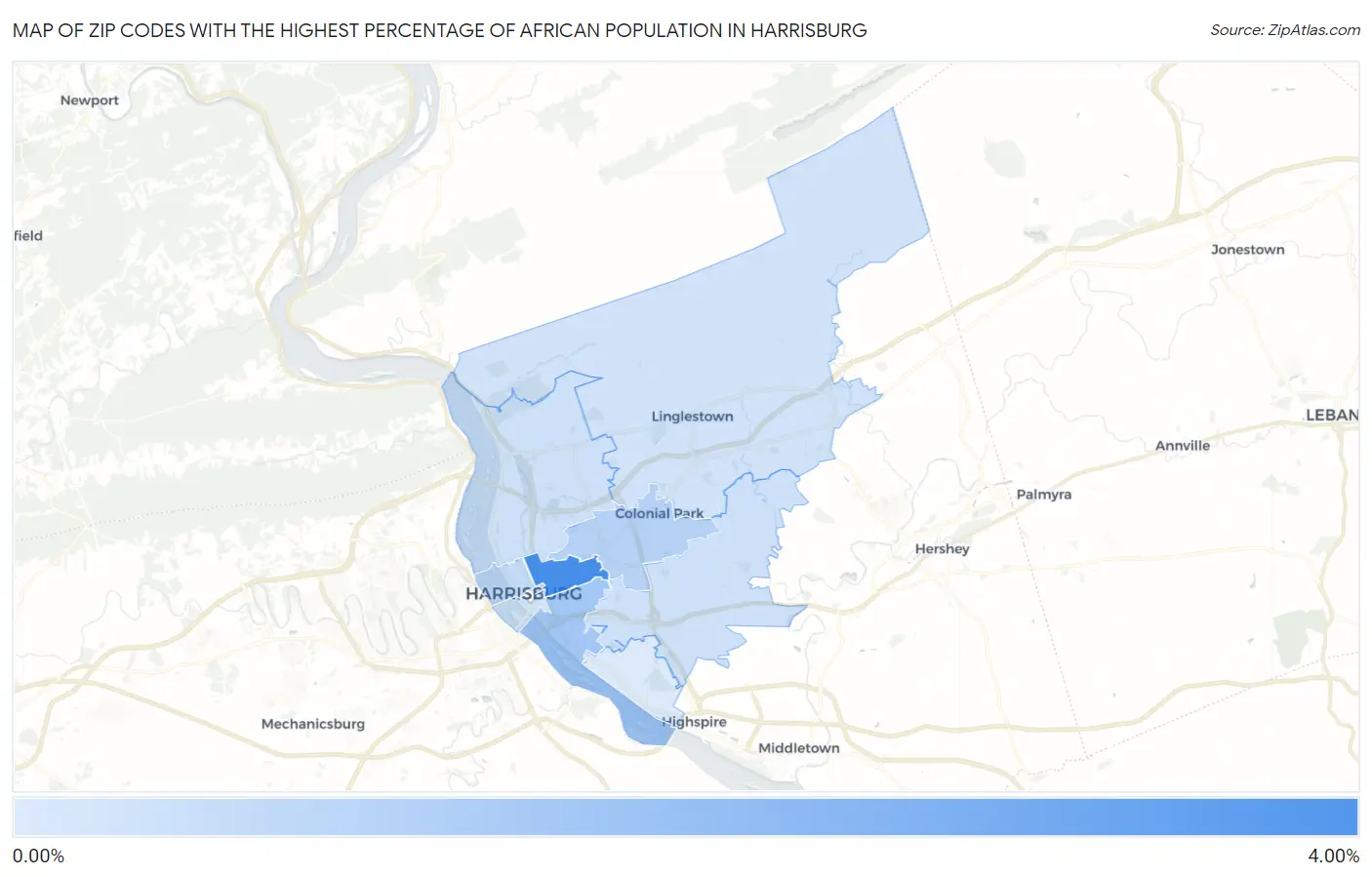 Zip Codes with the Highest Percentage of African Population in Harrisburg Map