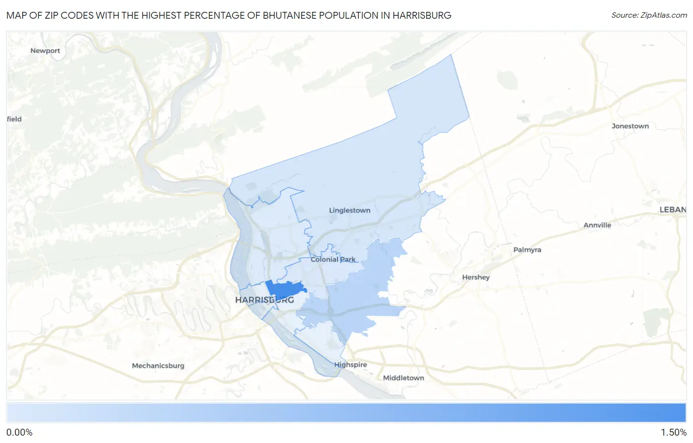 Zip Codes with the Highest Percentage of Bhutanese Population in Harrisburg Map