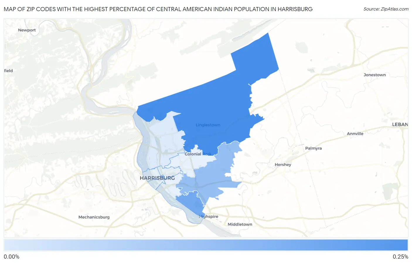 Zip Codes with the Highest Percentage of Central American Indian Population in Harrisburg Map