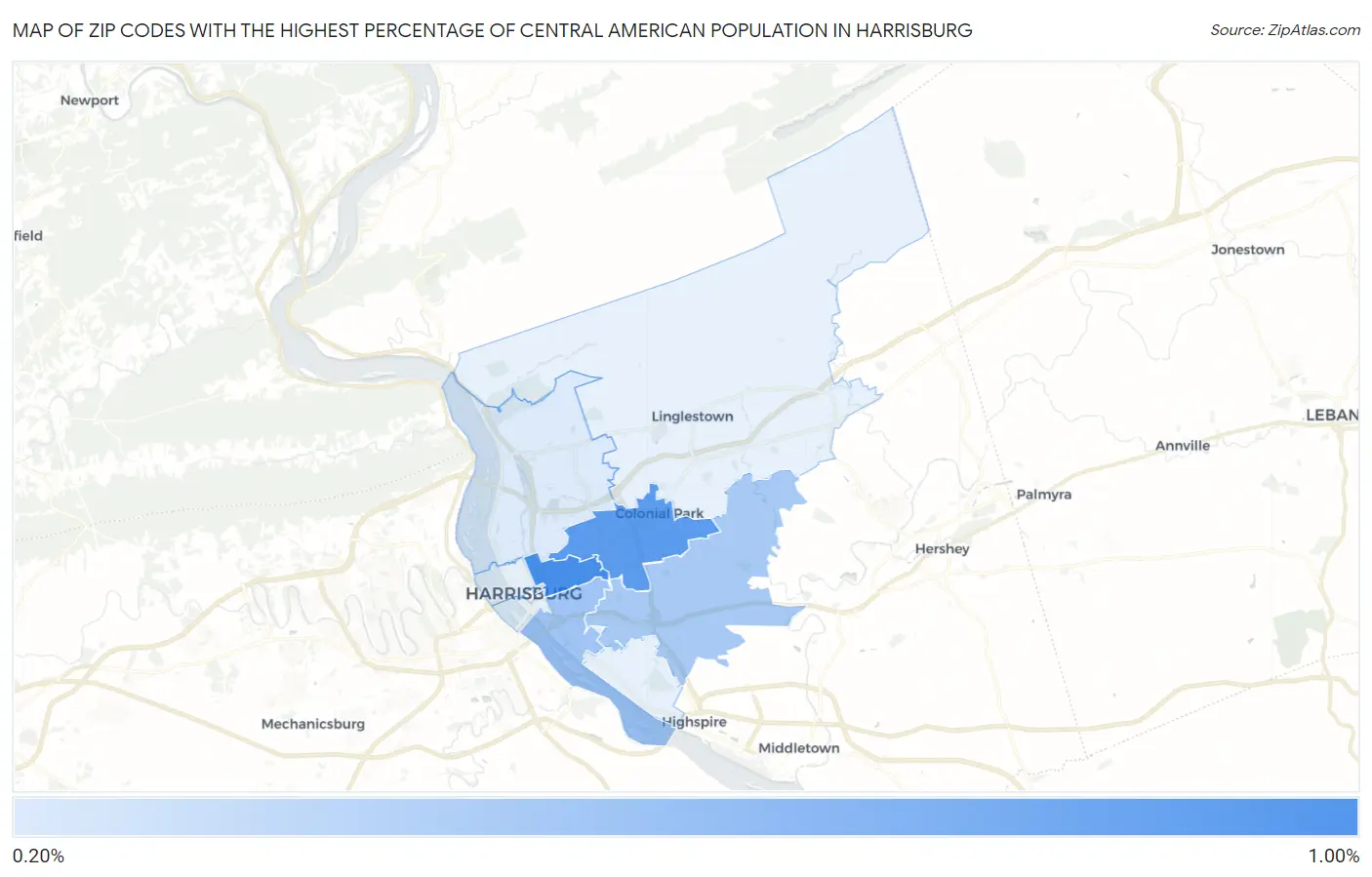 Zip Codes with the Highest Percentage of Central American Population in Harrisburg Map