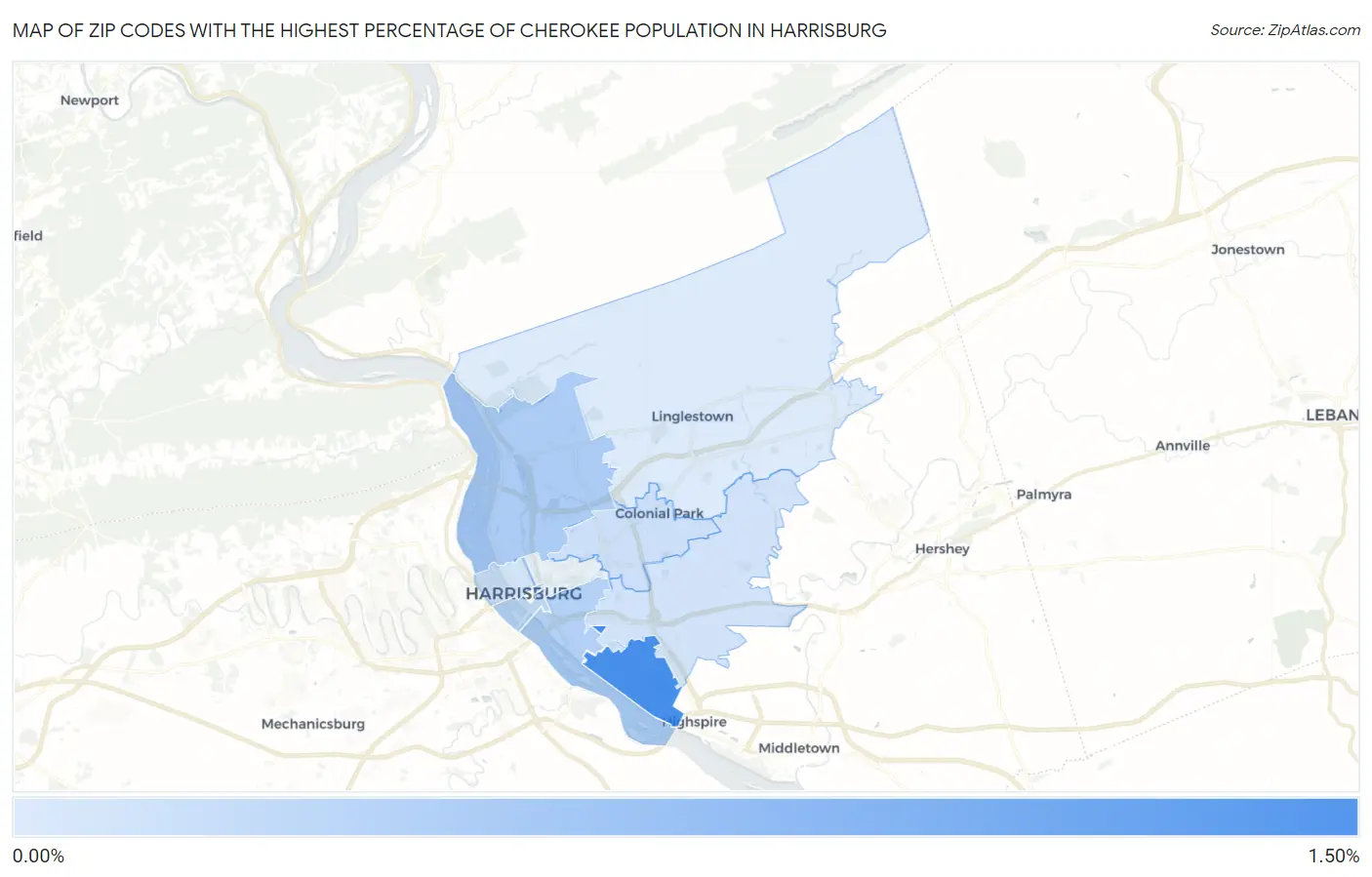 Zip Codes with the Highest Percentage of Cherokee Population in Harrisburg Map