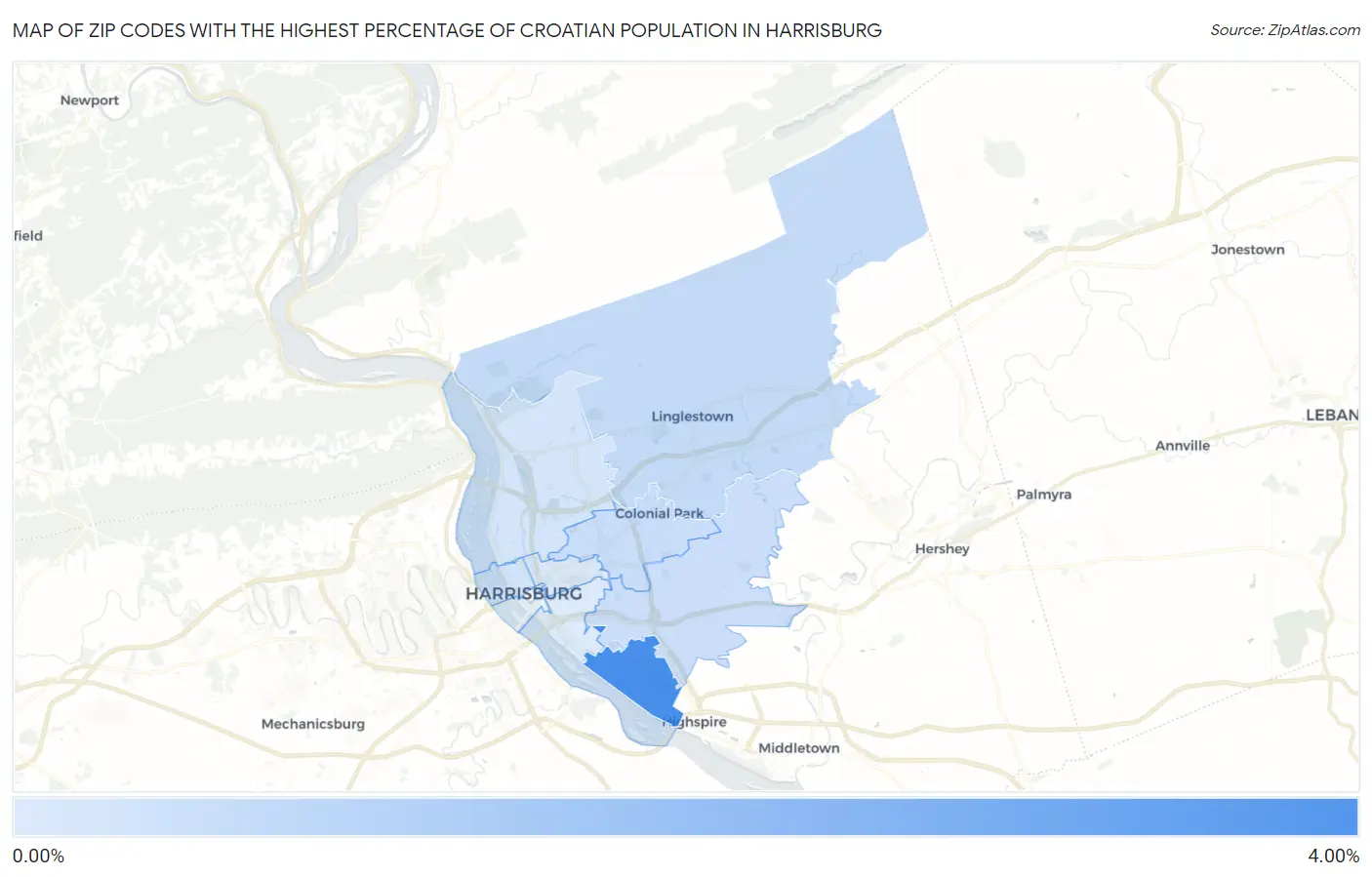 Zip Codes with the Highest Percentage of Croatian Population in Harrisburg Map