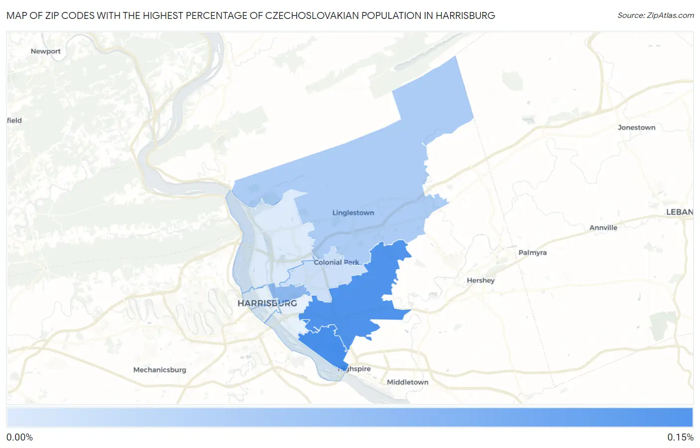 Zip Codes with the Highest Percentage of Czechoslovakian Population in Harrisburg Map