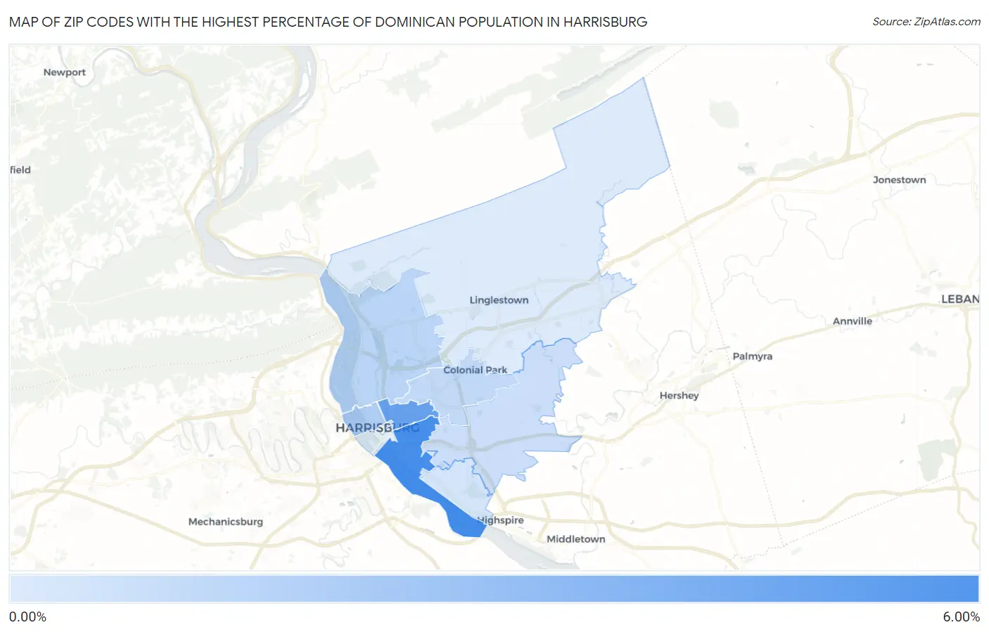 Zip Codes with the Highest Percentage of Dominican Population in Harrisburg Map