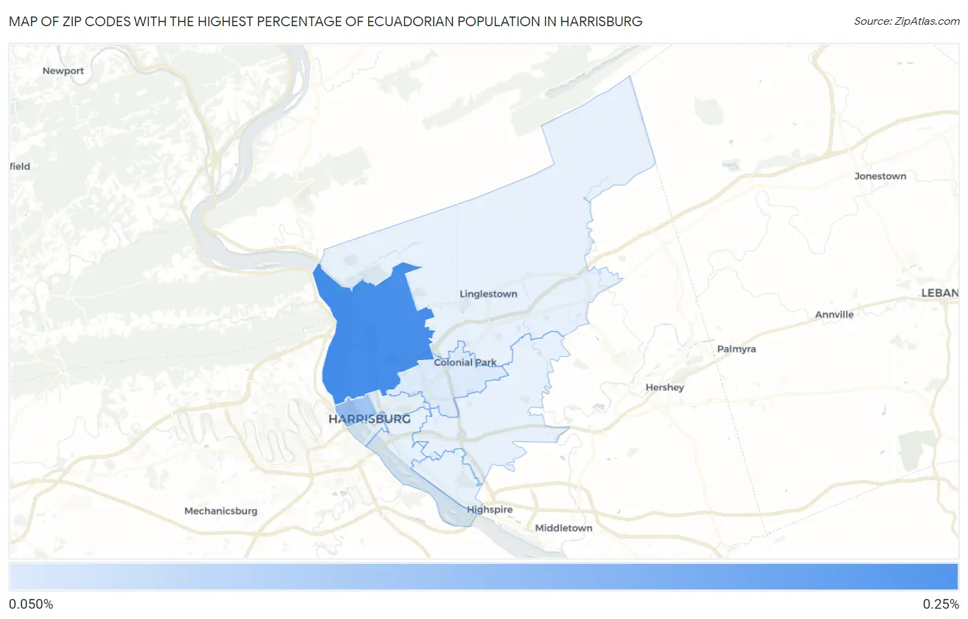 Zip Codes with the Highest Percentage of Ecuadorian Population in Harrisburg Map