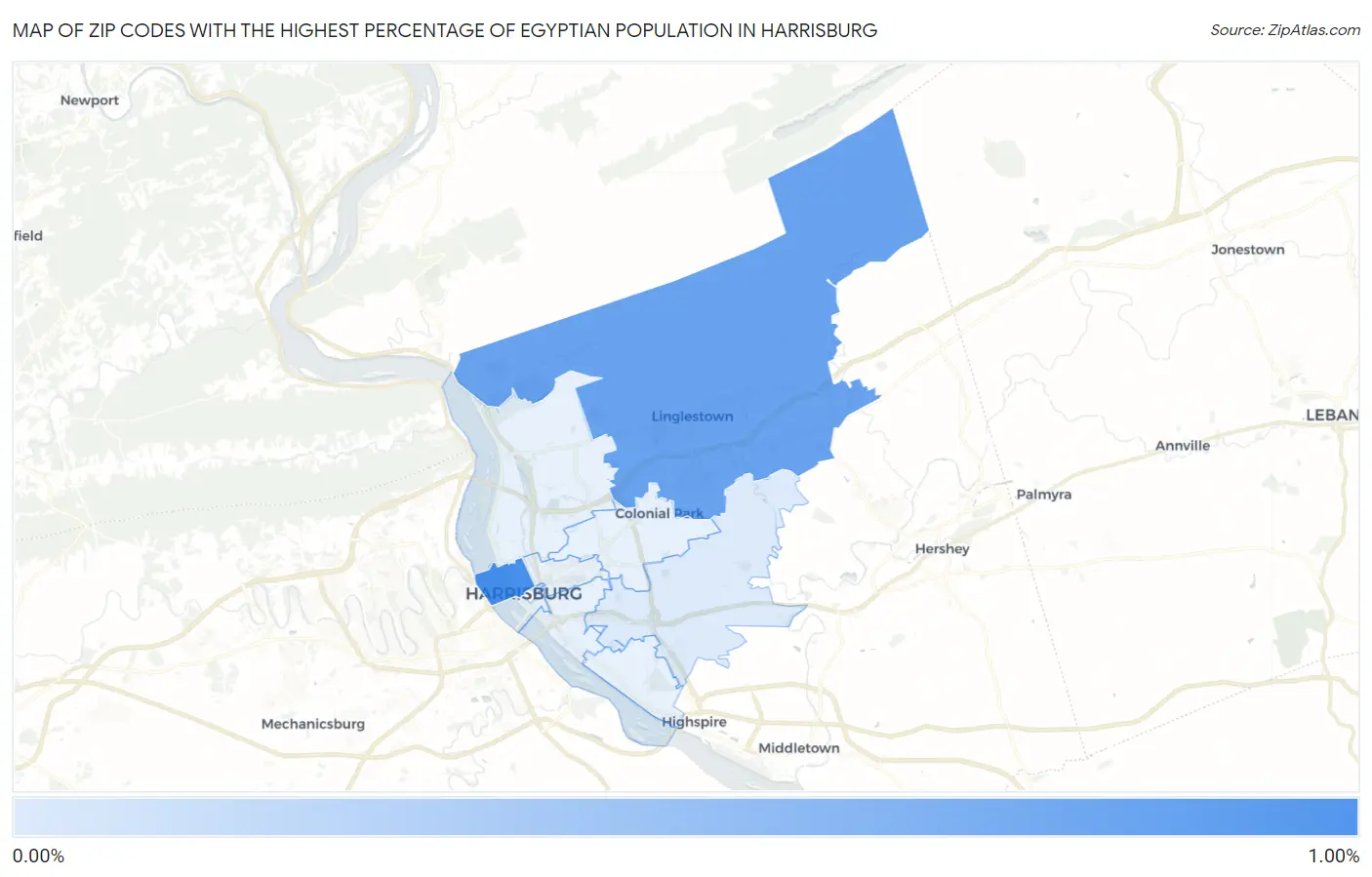 Zip Codes with the Highest Percentage of Egyptian Population in Harrisburg Map