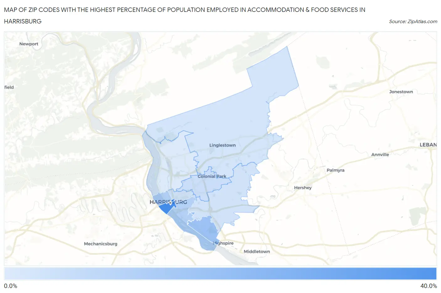 Zip Codes with the Highest Percentage of Population Employed in Accommodation & Food Services in Harrisburg Map