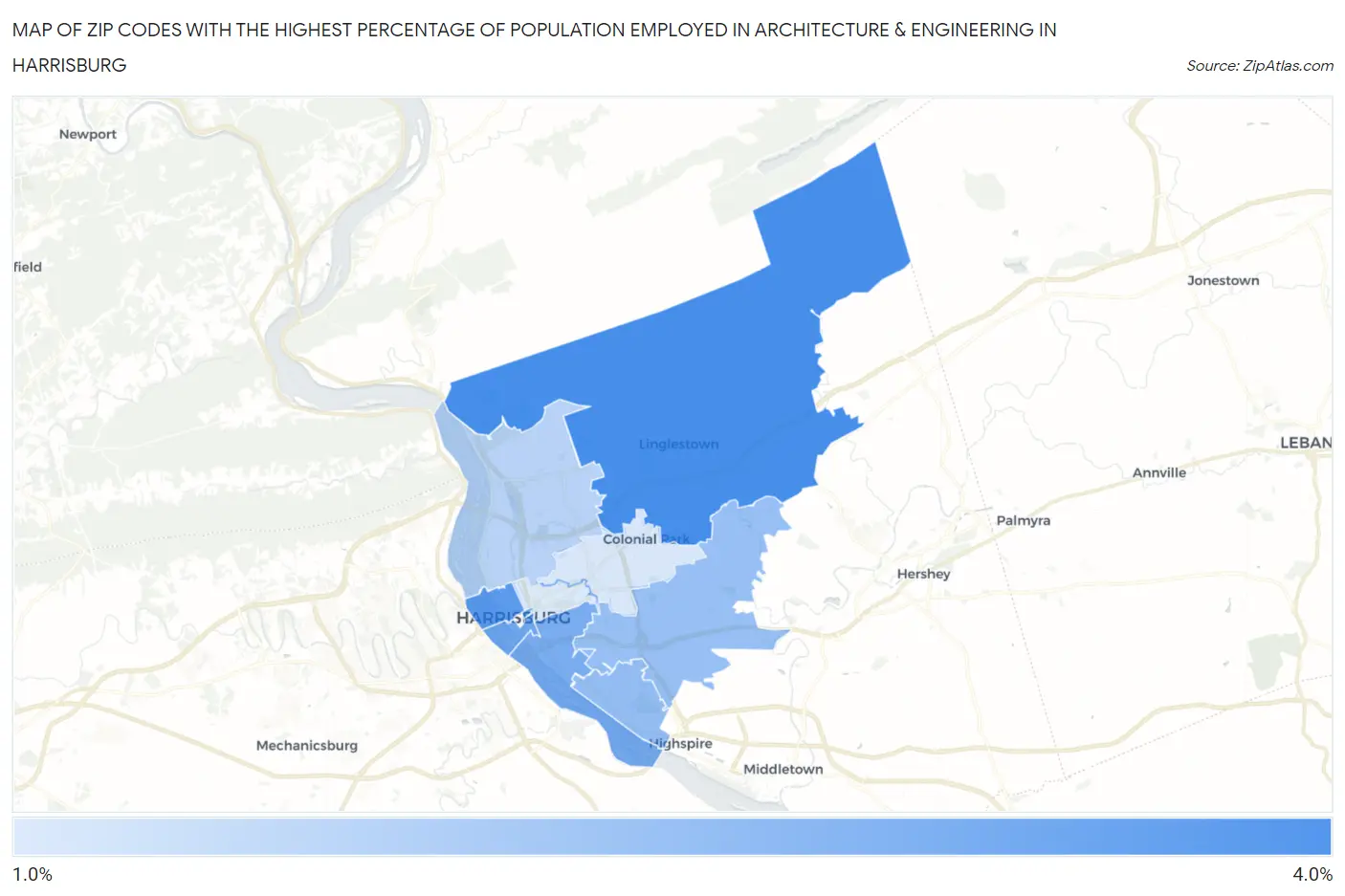 Zip Codes with the Highest Percentage of Population Employed in Architecture & Engineering in Harrisburg Map