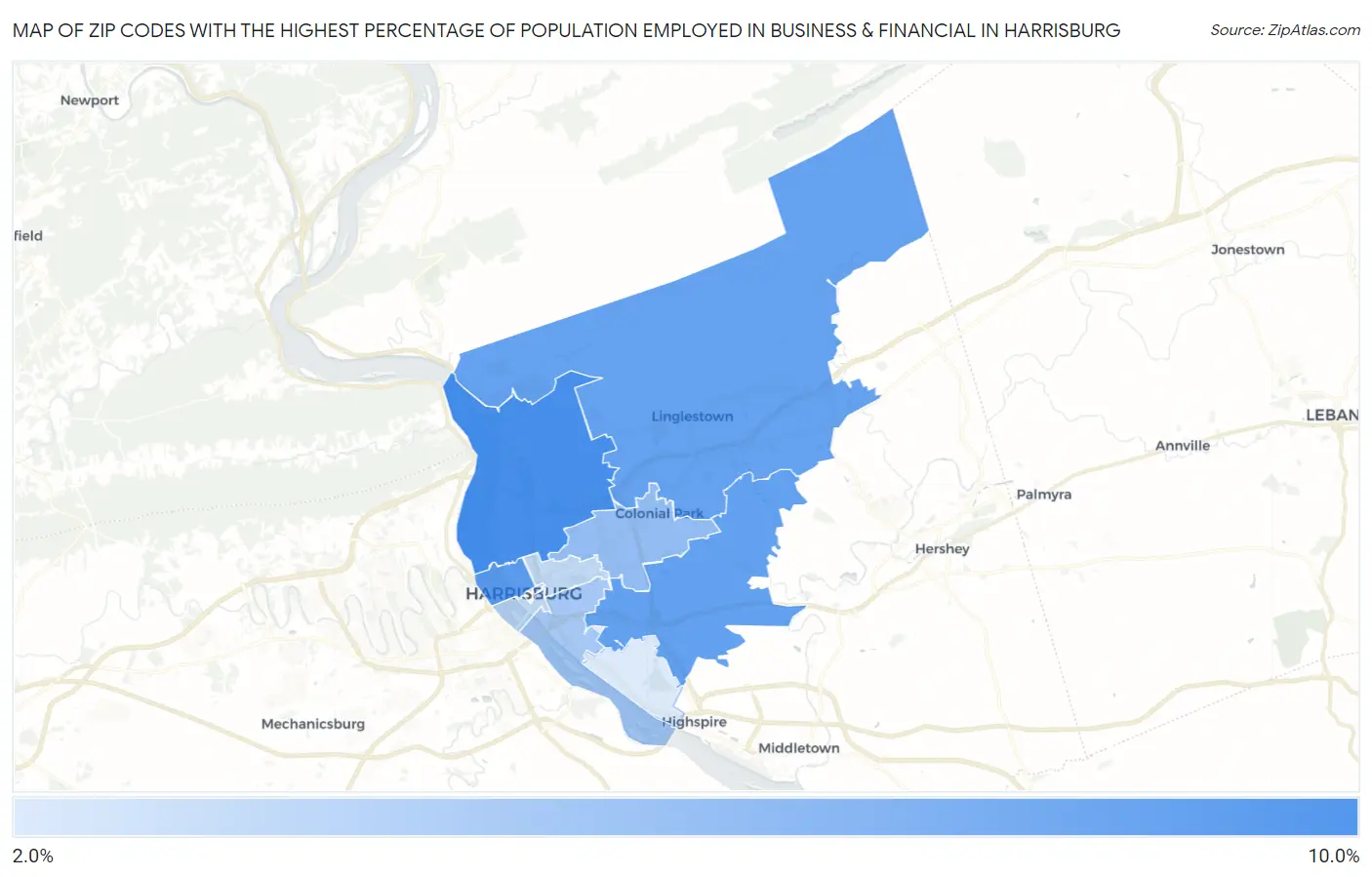 Zip Codes with the Highest Percentage of Population Employed in Business & Financial in Harrisburg Map