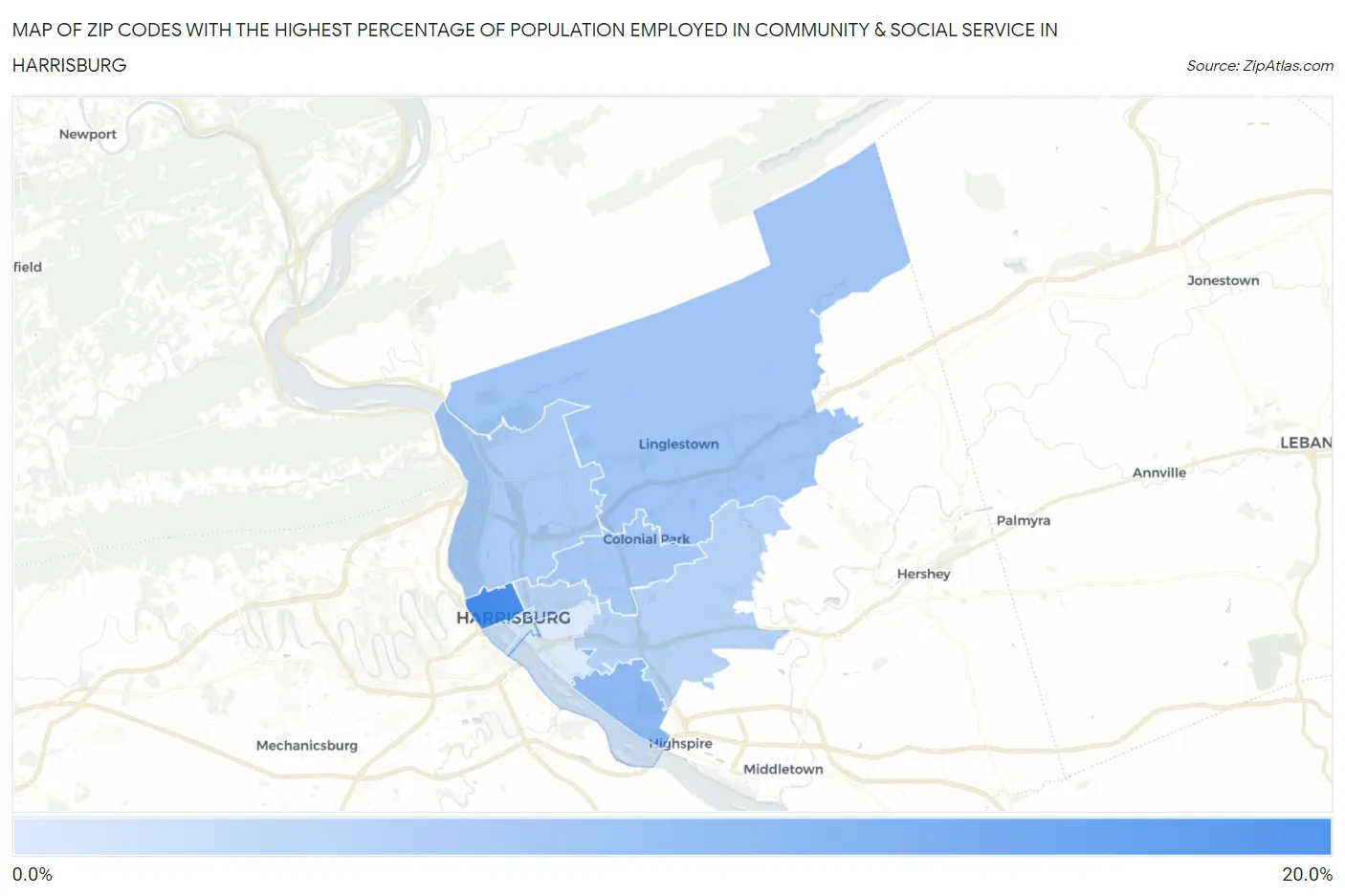 Zip Codes with the Highest Percentage of Population Employed in Community & Social Service  in Harrisburg Map