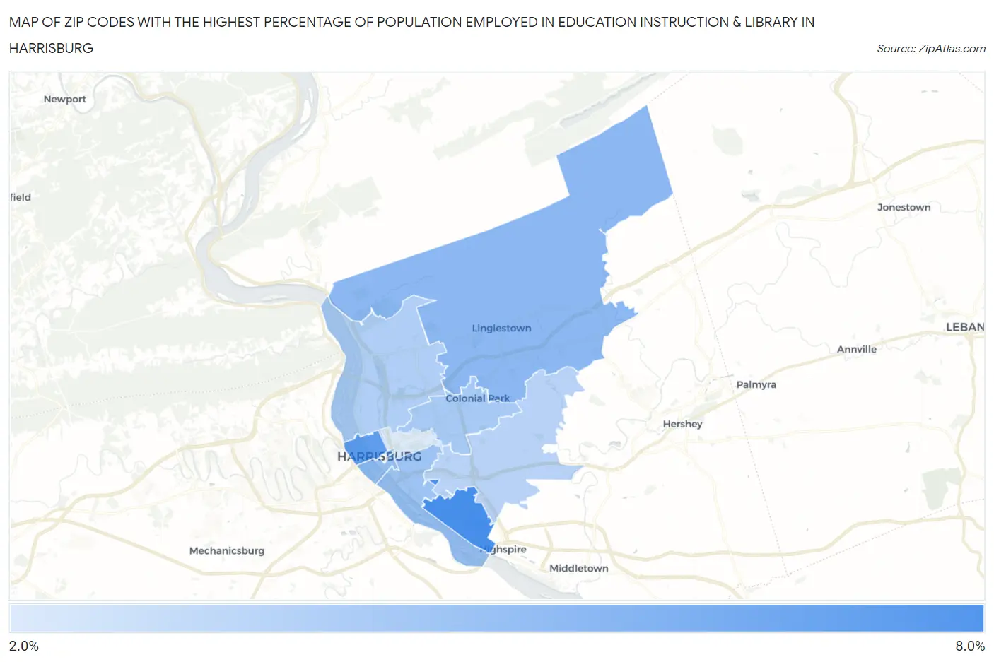 Zip Codes with the Highest Percentage of Population Employed in Education Instruction & Library in Harrisburg Map
