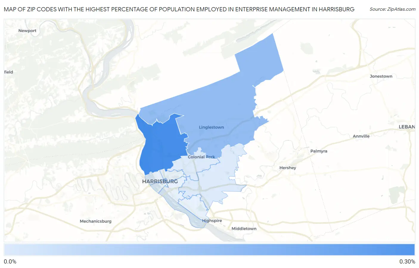 Zip Codes with the Highest Percentage of Population Employed in Enterprise Management in Harrisburg Map