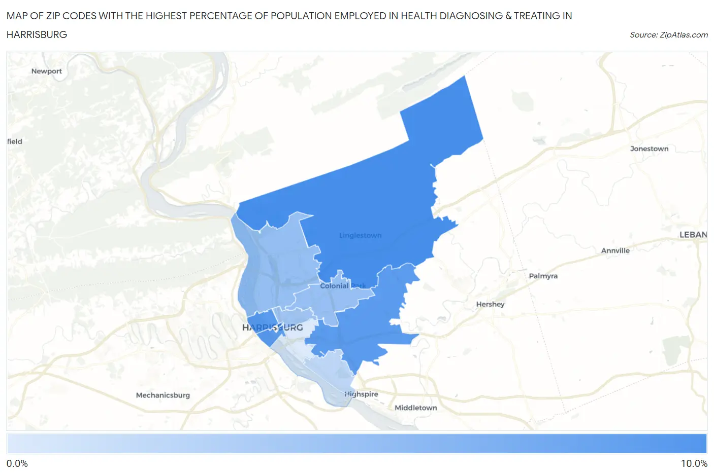 Zip Codes with the Highest Percentage of Population Employed in Health Diagnosing & Treating in Harrisburg Map