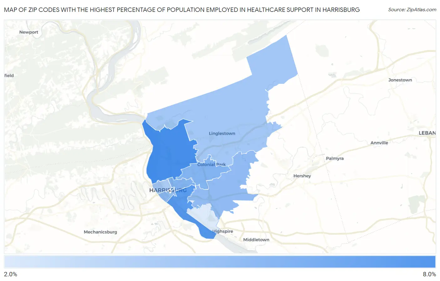 Zip Codes with the Highest Percentage of Population Employed in Healthcare Support in Harrisburg Map