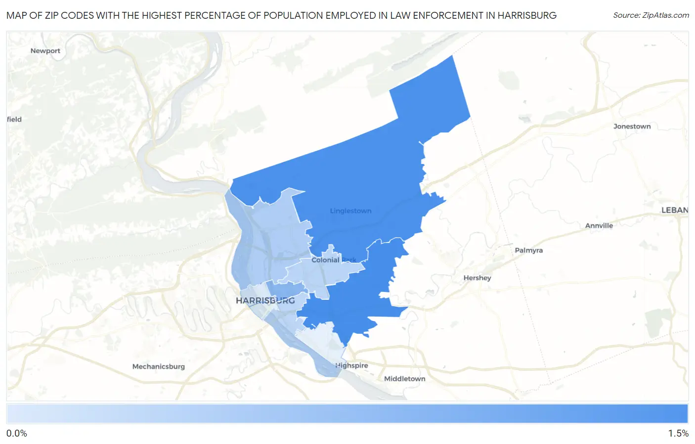 Zip Codes with the Highest Percentage of Population Employed in Law Enforcement in Harrisburg Map