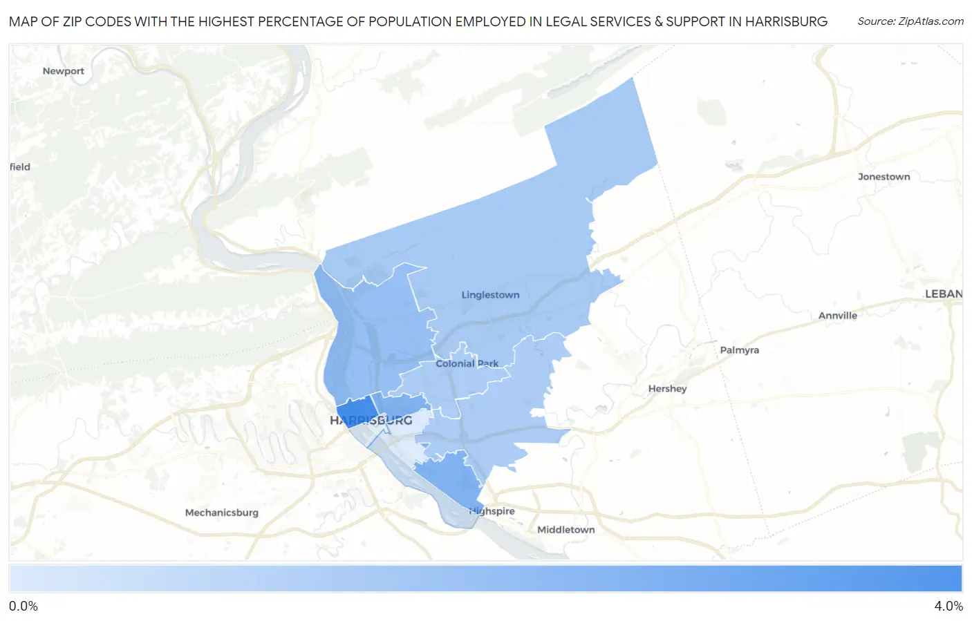 Zip Codes with the Highest Percentage of Population Employed in Legal Services & Support in Harrisburg Map