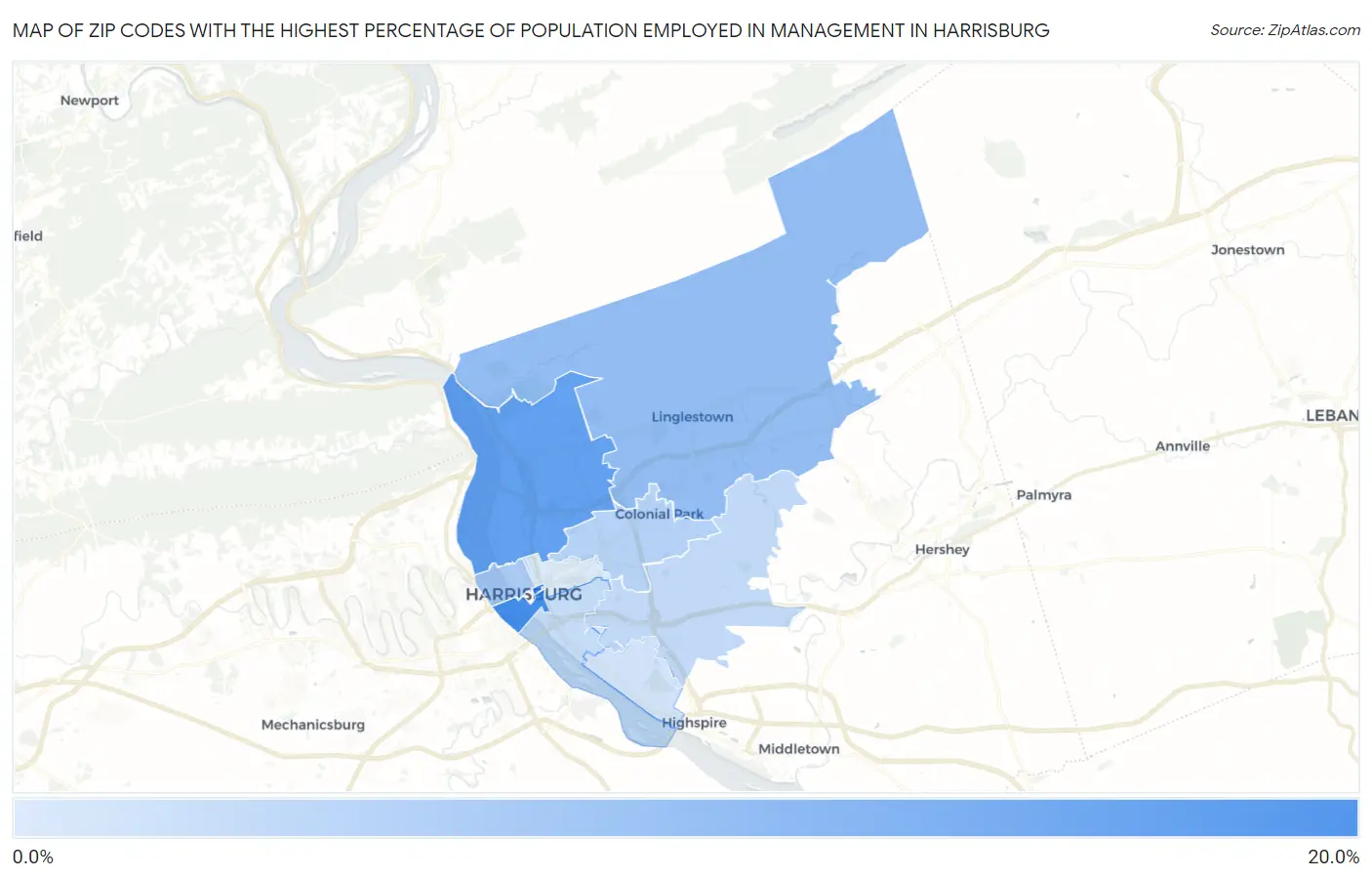 Zip Codes with the Highest Percentage of Population Employed in Management in Harrisburg Map