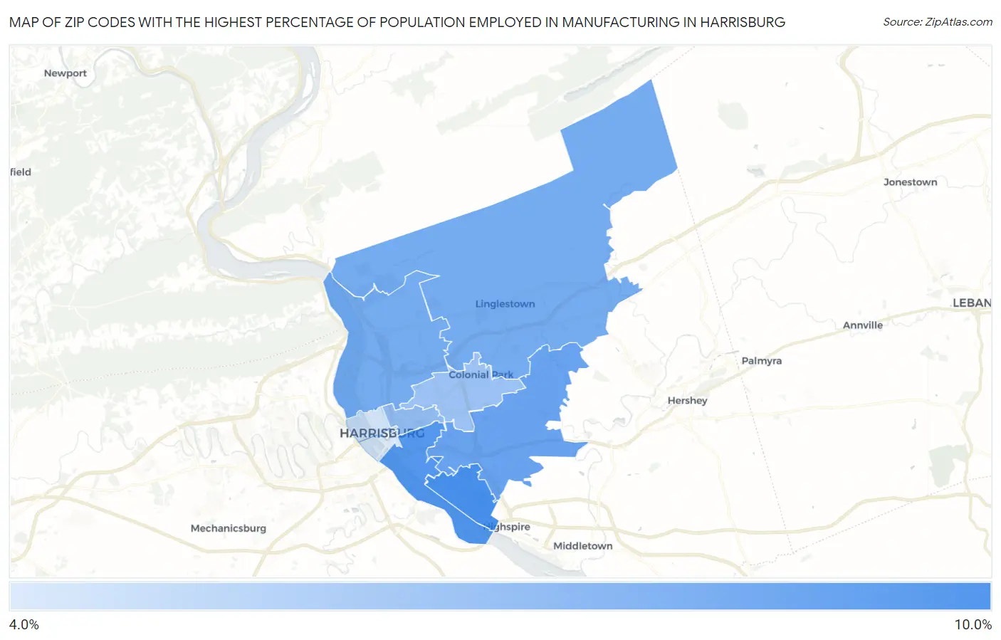 Zip Codes with the Highest Percentage of Population Employed in Manufacturing in Harrisburg Map