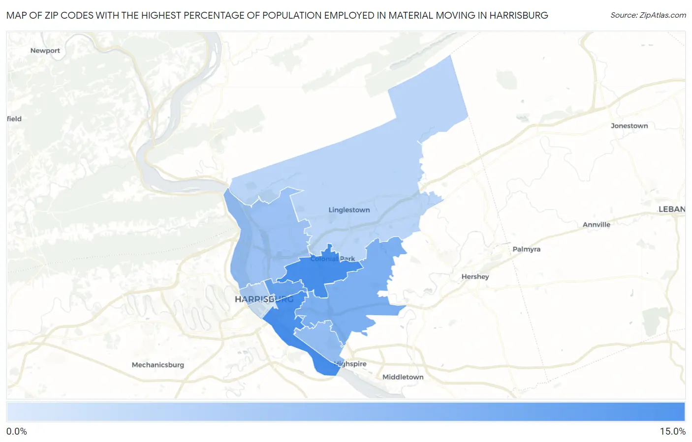 Zip Codes with the Highest Percentage of Population Employed in Material Moving in Harrisburg Map