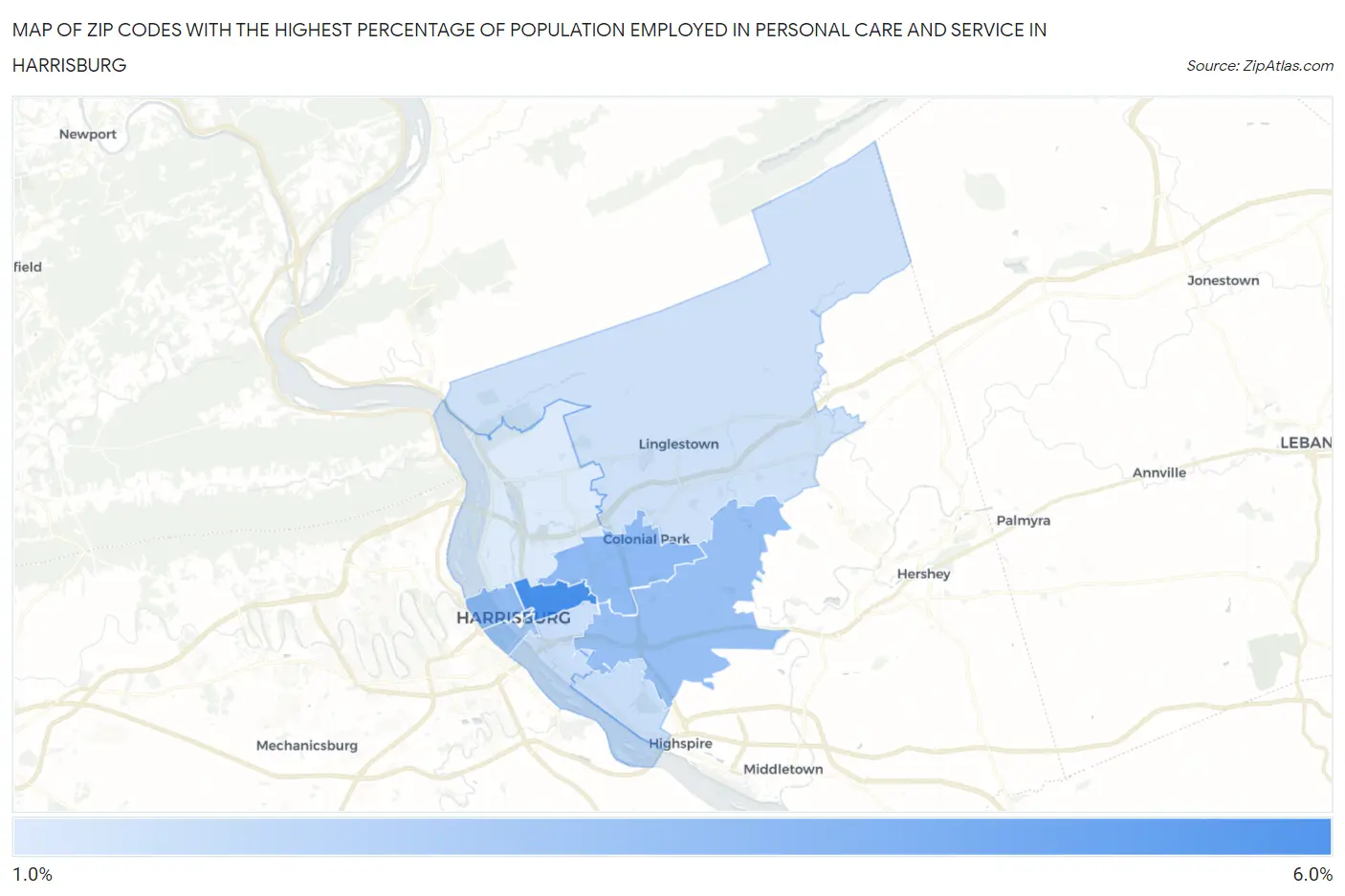 Zip Codes with the Highest Percentage of Population Employed in Personal Care and Service in Harrisburg Map