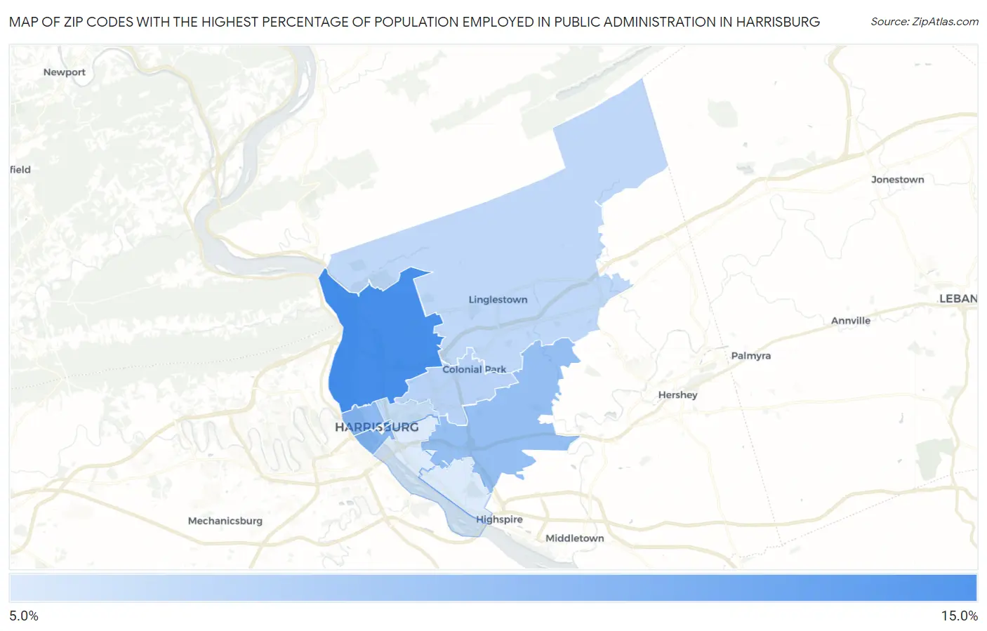 Zip Codes with the Highest Percentage of Population Employed in Public Administration in Harrisburg Map