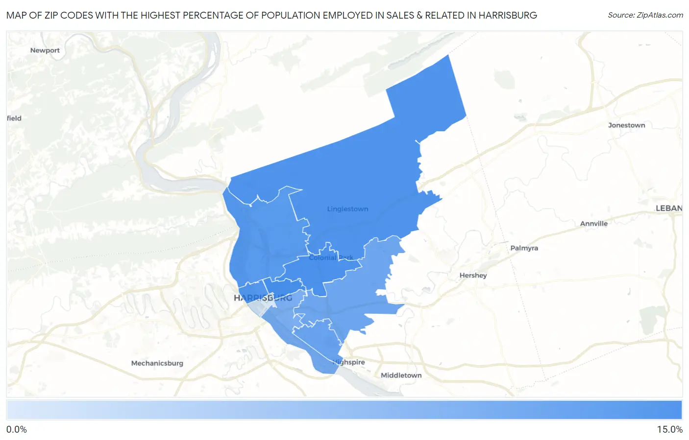 Zip Codes with the Highest Percentage of Population Employed in Sales & Related in Harrisburg Map