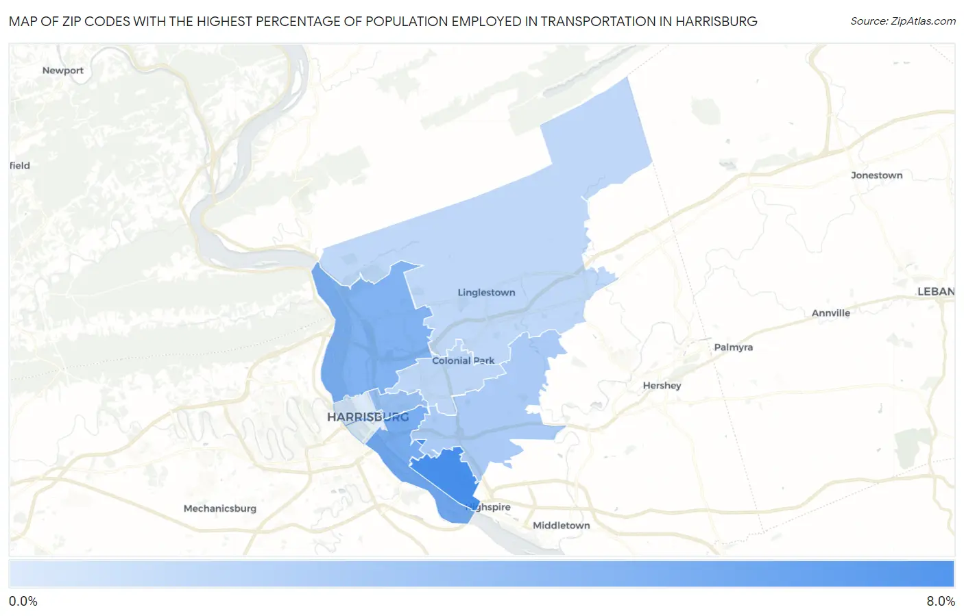 Zip Codes with the Highest Percentage of Population Employed in Transportation in Harrisburg Map
