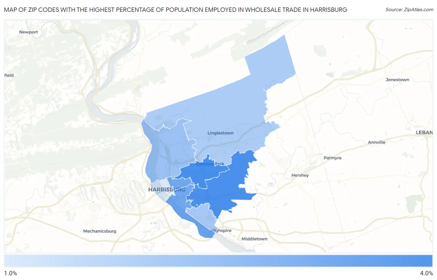 Zip Codes with the Highest Percentage of Population Employed in Wholesale Trade in Harrisburg Map