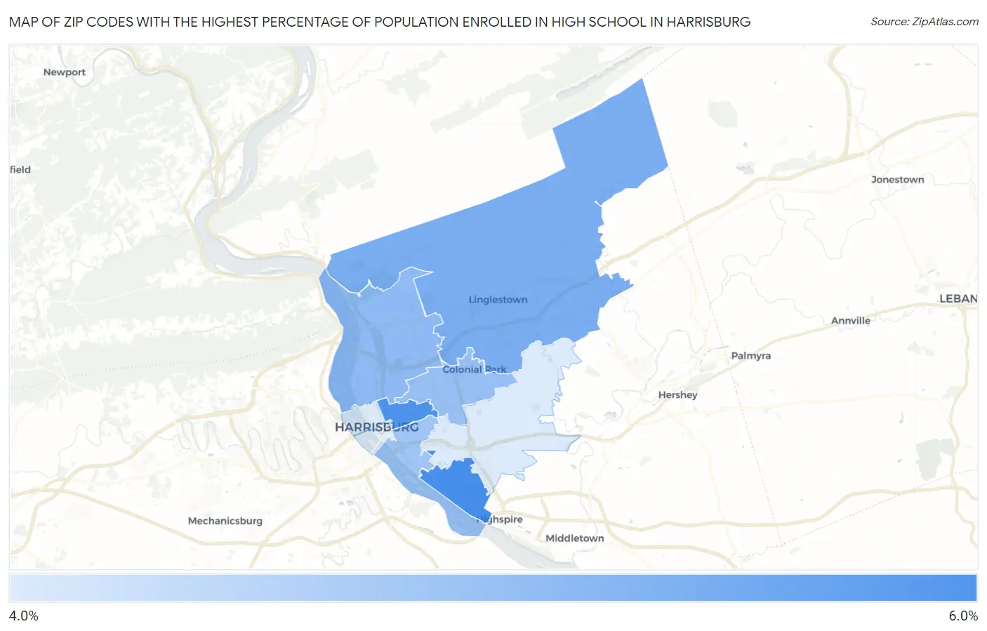 Zip Codes with the Highest Percentage of Population Enrolled in High School in Harrisburg Map