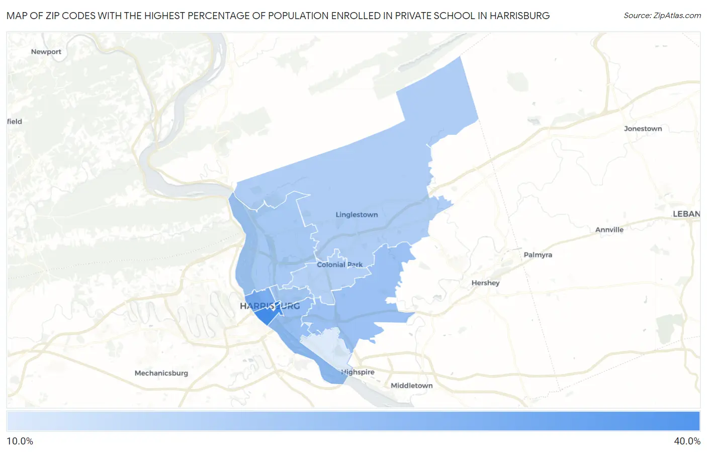 Zip Codes with the Highest Percentage of Population Enrolled in Private School in Harrisburg Map