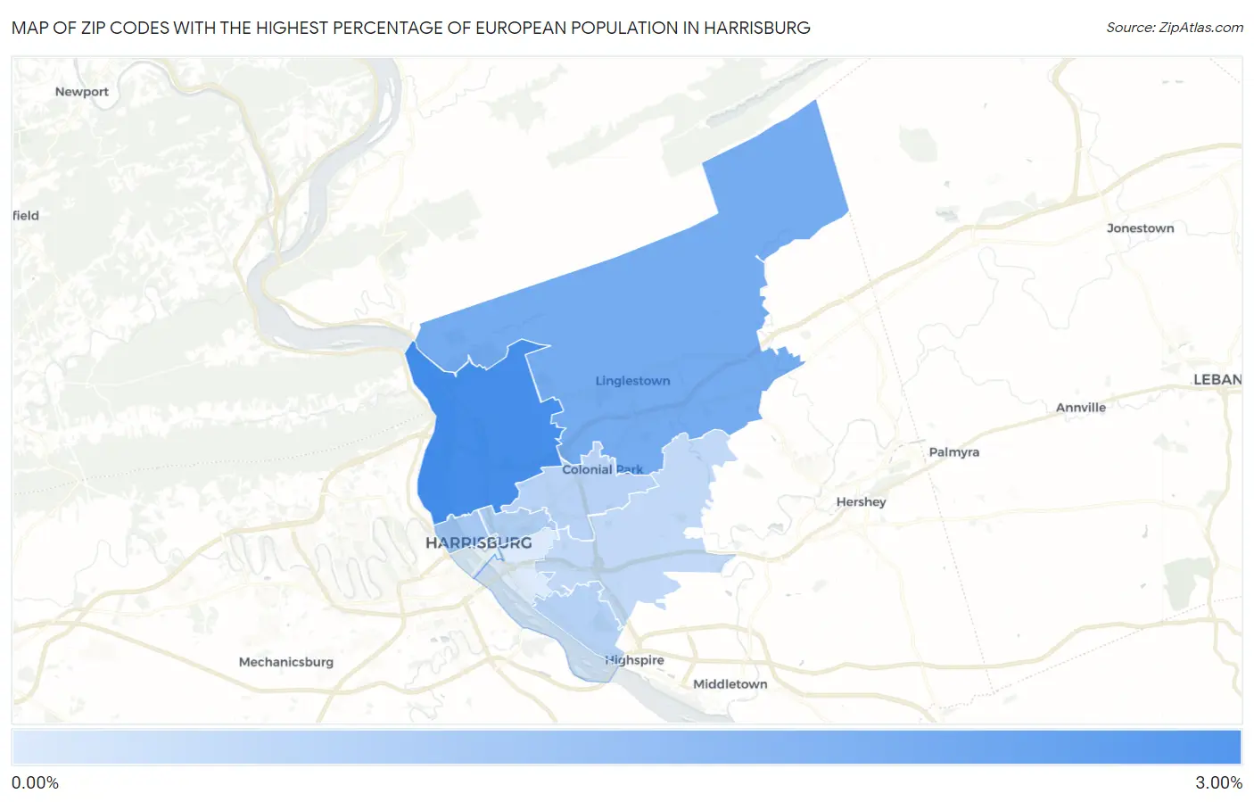 Zip Codes with the Highest Percentage of European Population in Harrisburg Map