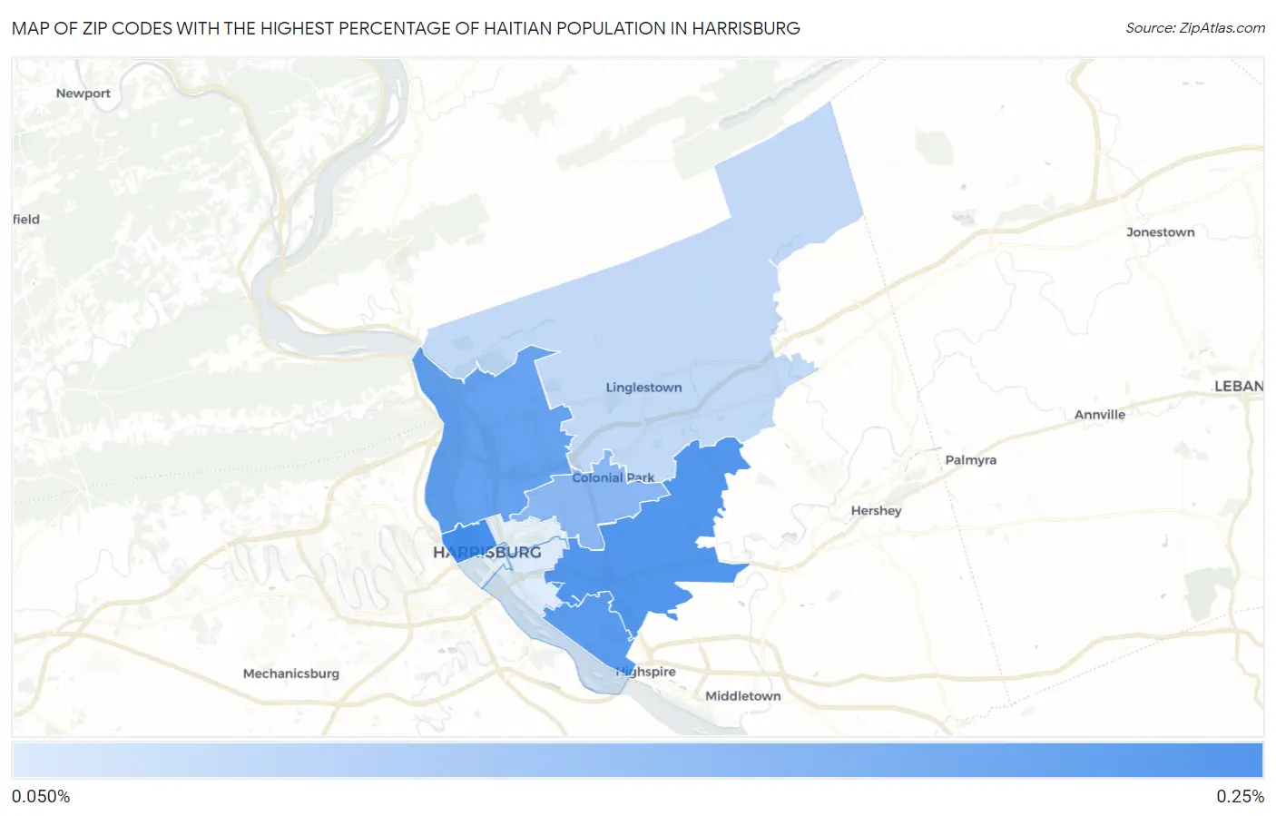 Zip Codes with the Highest Percentage of Haitian Population in Harrisburg Map