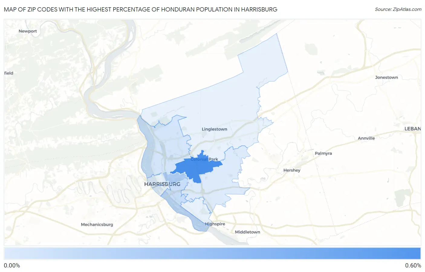 Zip Codes with the Highest Percentage of Honduran Population in Harrisburg Map