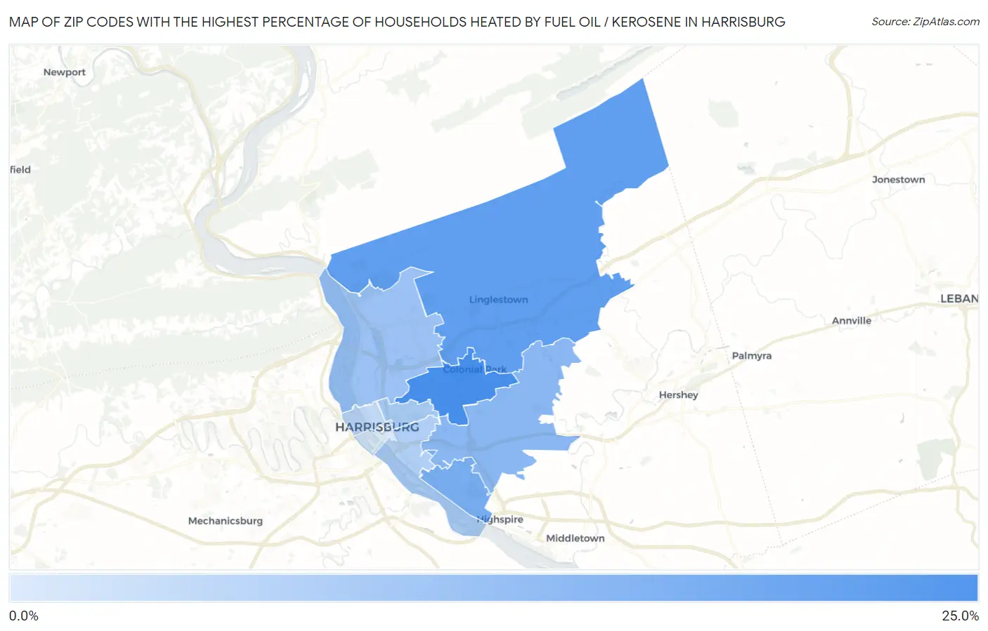 Zip Codes with the Highest Percentage of Households Heated by Fuel Oil / Kerosene in Harrisburg Map