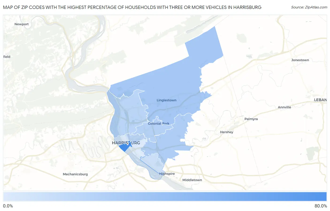 Zip Codes with the Highest Percentage of Households With Three or more Vehicles in Harrisburg Map