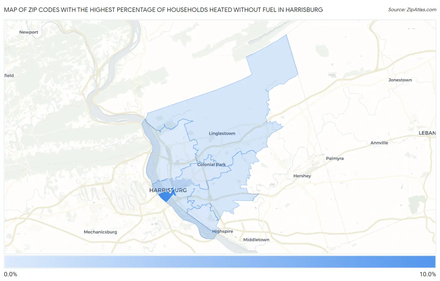 Zip Codes with the Highest Percentage of Households Heated without Fuel in Harrisburg Map