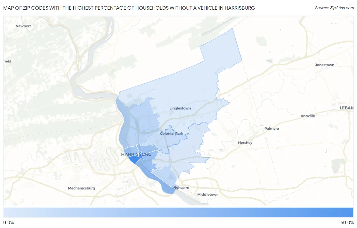 Zip Codes with the Highest Percentage of Households Without a Vehicle in Harrisburg Map