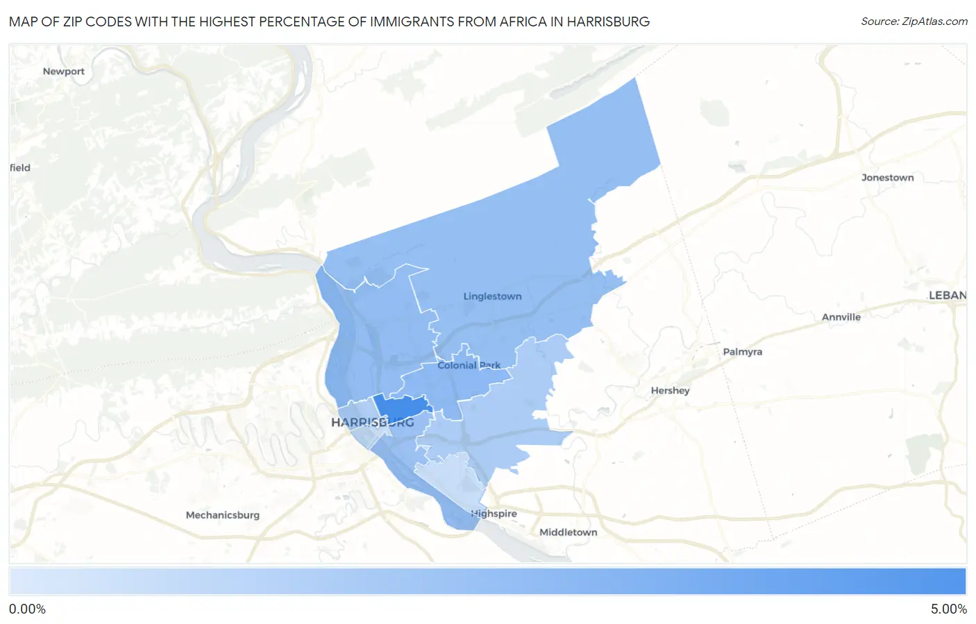 Zip Codes with the Highest Percentage of Immigrants from Africa in Harrisburg Map