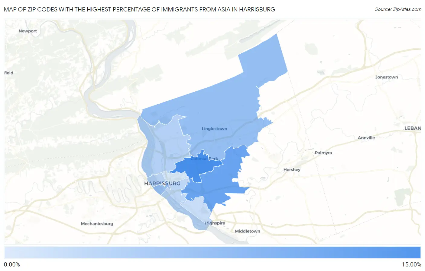 Zip Codes with the Highest Percentage of Immigrants from Asia in Harrisburg Map