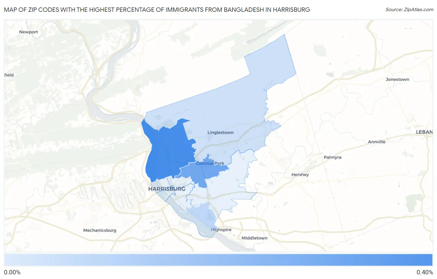 Zip Codes with the Highest Percentage of Immigrants from Bangladesh in Harrisburg Map